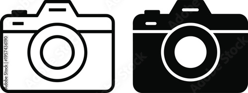 Outlined and solid camera vector icons, black and white photography design symbols, minimalistic digital media illustration for user interface, web graphics, and creative projects
