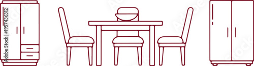 Minimalist dining setup featuring chairs, table, and storage cabinets.