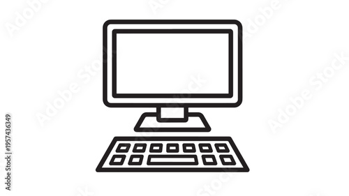 Desktop computer and keyboard line art icon featuring a monitor on a stand with a separate keyboard.