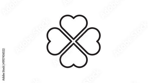 Clover four leaf outline icon with heart-shaped petals and intersecting lines in a minimalist black and white design.