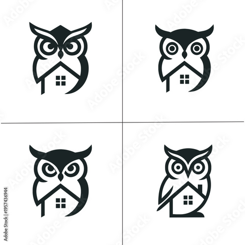 wl House Logo Set - Minimalist Owl with Home Icon Black Variations