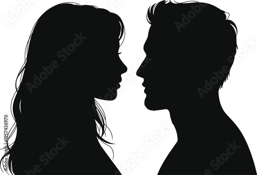 Silhouette of man and woman facing each other in profile expressing relationship, communication, romance concept isolated on white background vector