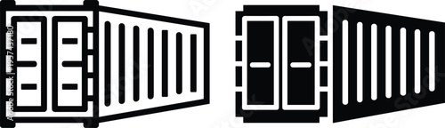 Shipping container icons in outlined and solid black design, featuring corrugated sides and locking bars, symbolizing logistics, trade, transport, and modern graphic art.
