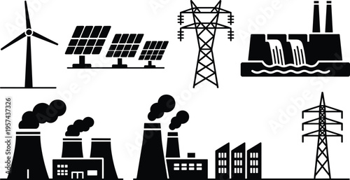 Silhouette icons of renewable and nonrenewable energy sources including wind, solar, hydroelectric, fossil fuel power plants, factories, 