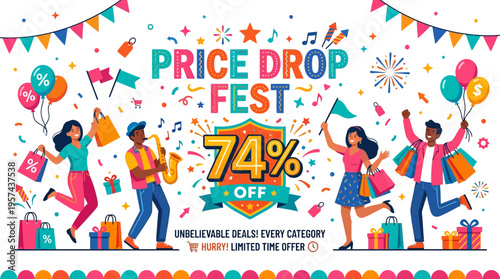 Price Drop Fest 74% Off Sale Banner with Cheerful Shoppers and Festive Elements