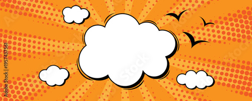 Yellow comic halftone background with clouds and rays. Dotted retro comic sunburst effect template. Great for for templates, sale banners, events, ads, web and pages