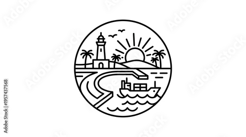Circular Line Art Seaside Scene with Lighthouse Ship and Sunrise
