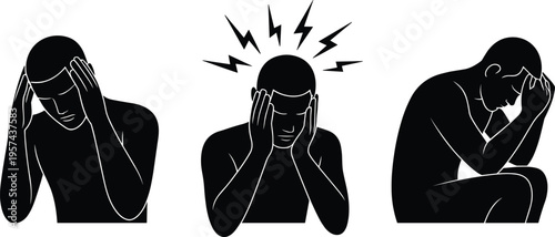 Silhouette illustrations of people experiencing emotional distress, headache pain, sadness, and despair, representing mental health, stress, anxiety, and psychological discomfort concepts illustration