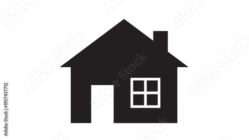 House silhouette with a door, window, and chimney, representing a simple dwelling and home ownership, isolated on a white background.
