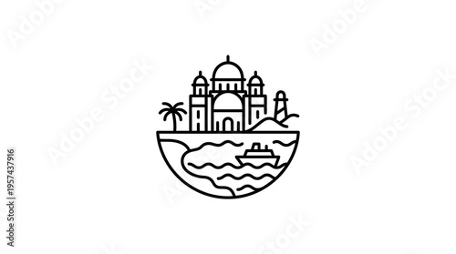 World Travel Icon Islandscape with Landmark Palm Tree Lighthouse and Cruise Ship