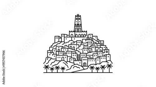 Mediterranean Hillside Village In Minimalist Black And White Line Art
