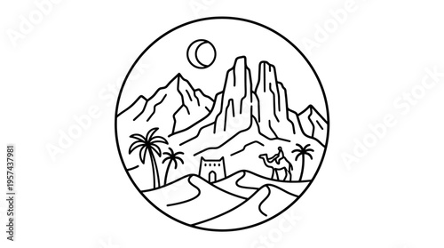 Circular Desert Landscape with Camel and Mountains