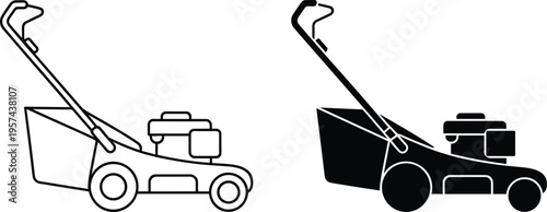 Stylized black and white lawn mower illustration, minimal gardening equipment silhouette design, outdoor grass cutting machine icon for landscaping, yard maintenance, and seasonal garden projects