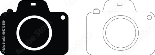 Modern camera icon illustration in black and white with simple minimal line art style