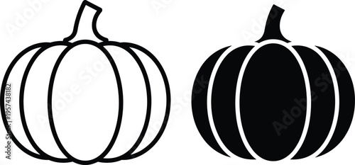 Stylized black and white pumpkin illustration design, minimal Halloween autumn decoration graphic, seasonal harvest vegetable silhouette art for festive fall creative projects