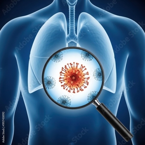 A magnifying glass examining a virus within the human respiratory system.