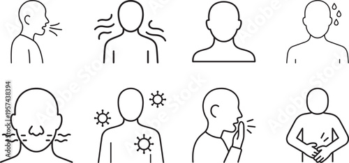Illustration of set of human symptoms icons, medical and health signs, illness, virus, flu, cold, coughing, fever, stomach ache, infection, line art vector