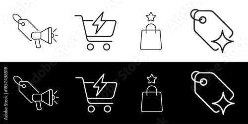 Illustration of set of shopping and retail line icons including megaphone with price tag, lightning bolt in shopping cart, shopping bag with star, and sale tag