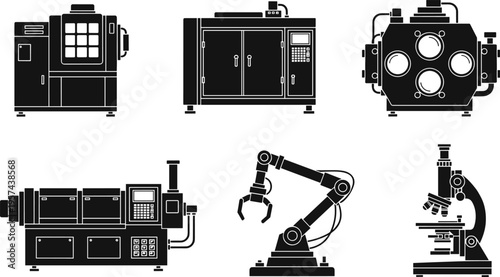 Industrial and laboratory equipment silhouettes including CNC machine, injection molding, robotic arm, microscope, vacuum chamber, and testing 