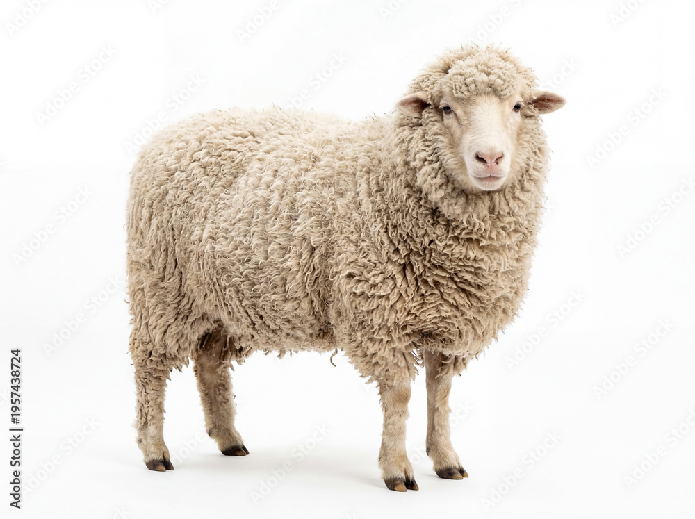 Obraz premium Curly wool sheep stands calmly against a plain white background
