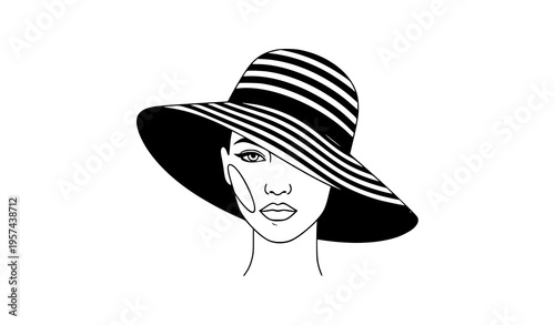 Stylish woman portrait with striped hat vector black and white minimalist fashion design isolated on white background