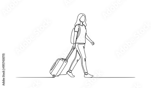 Continuous one line drawing traveler woman walking with suitcase minimal travel vector isolated on white background