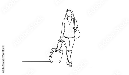 Minimal continuous line traveler woman walking with luggage vector modern one line art isolated on white background