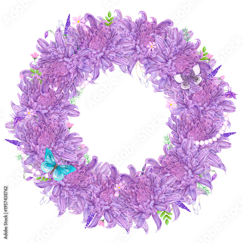 Foto Hand drawn watercolor purple chrysanthemums with butterflies wreath frame border composition isolated on white background