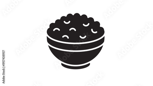 Bowl of rice with a curved rim and stylized rice grains, simple black and white icon symbolizing food and nourishment.