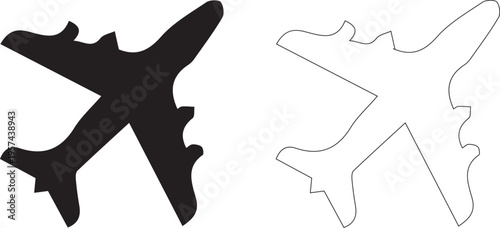 Airplane illustration in black and white with simple minimal line art silhouette style
