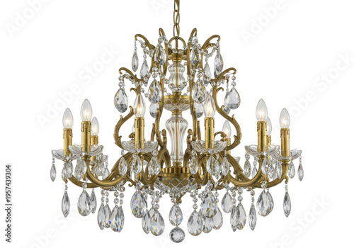 Elegant brass chandelier featuring multiple tiers of sparkling crystal teardrop glass pendants