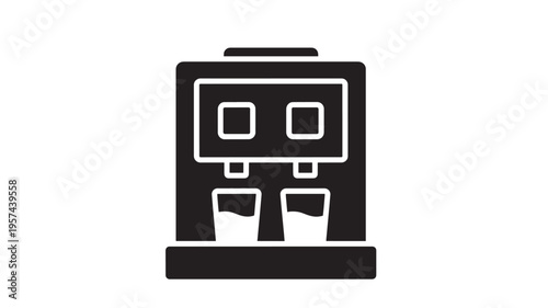 Machine dual dispenser with two glasses filling up with clear liquid, simple icon representing beverage dispensing.