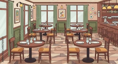 Cozy Restaurant Interior with Tables, Chairs, and Bar - Empty Dining Room