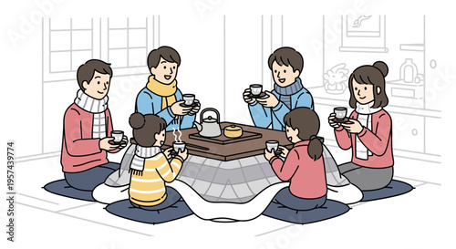 Family and friends enjoying warm drinks around a kotatsu table in winter