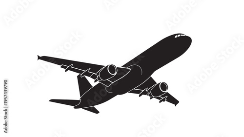 Airplane silhouette with twin engines and tail fins ascending in clear sky, aviation concept. featuring aircraft, jet, jetliner with commercial plane