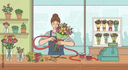 Florist arranging bouquet with ribbon in shop, flowers on display and cash register