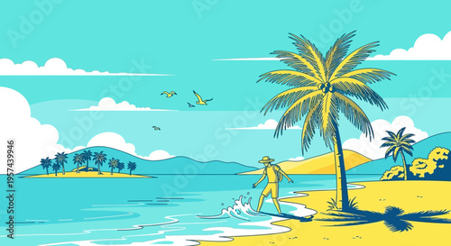Tropical Island Paradise: Man Fishing on Sandy Beach with Palm Trees and Ocean Waves