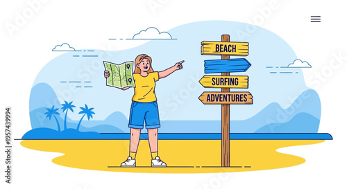 Woman with map choosing direction at beach signpost: beach, surfing, adventures