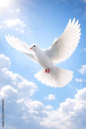 White Dove Flying in Blue Sky with Clouds