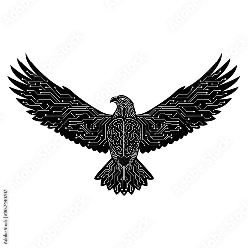 Digital Eagle with Circuit Board Wings Flying, Technology and Nature Fusion, Abstract Cybernetic Bird