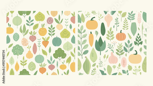 Abstract botanical garden motifs repeat in two delightful seamless patterns, showcasing a playful collection of colorful vegetables, fruits, and foliage, evoking a fresh and organic feel