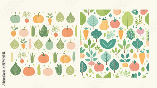 Two cheerful vector seamless patterns featuring stylized produce, perfect for healthy eating, organic food branding, or vibrant decorative design applications