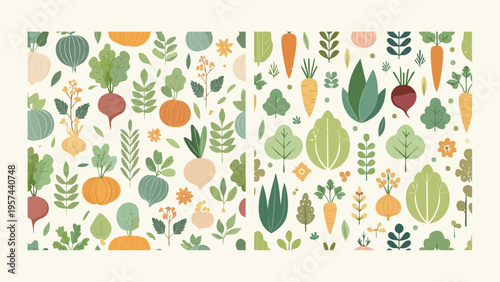 Wholesome Harvest Vibrant and Stylized Seamless Patterns of Fresh Garden Vegetables and Botanical Elements, Perfect for Eco-Friendly Designs and Healthy Food Themes