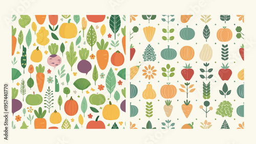 Vibrant and natural vector patterns showcasing a delightful medley of fresh fruits and vegetables, designed for repeat use in sustainable and healthy-themed projects
