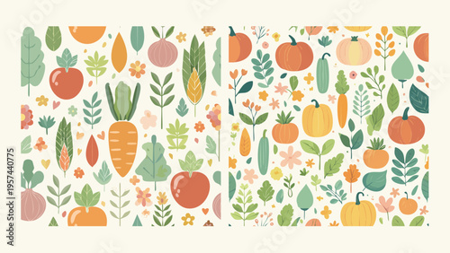 Whimsical Garden Harvest Seamless Pattern Design with Assorted Fresh Vegetables and Botanical Elements for Healthy Eating and Nature-Inspired Themes