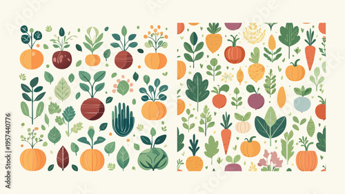 Vibrant seamless pattern with a diverse collection of stylized organic garden vegetables and potted plants on a light background, perfect for natural-themed designs and healthy lifestyle concepts