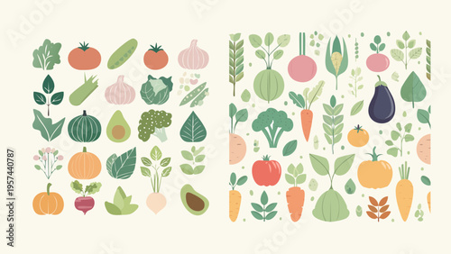Vibrant vector illustrations of fresh, healthy garden vegetables and fruits, showcasing a diverse collection of produce alongside a charming seamless botanical pattern