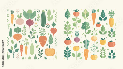 Vibrant collection of fresh organic vegetables and leafy greens in a delightful flat design, illustrating healthy eating and sustainable garden produce