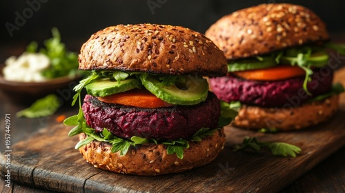 This stock photo features mouth-watering vegetarian burgers with vibrant vegetables, highlighting a healthy lifestyle—making it the perfect atmospheric backdrop for a food blog or café menu.