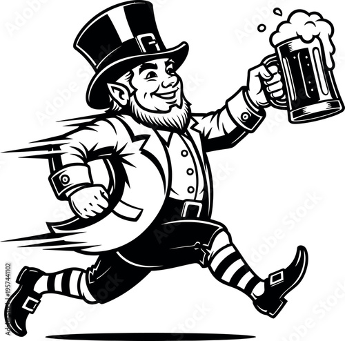 Leprechaun cheerfully running while holding a mug of beer